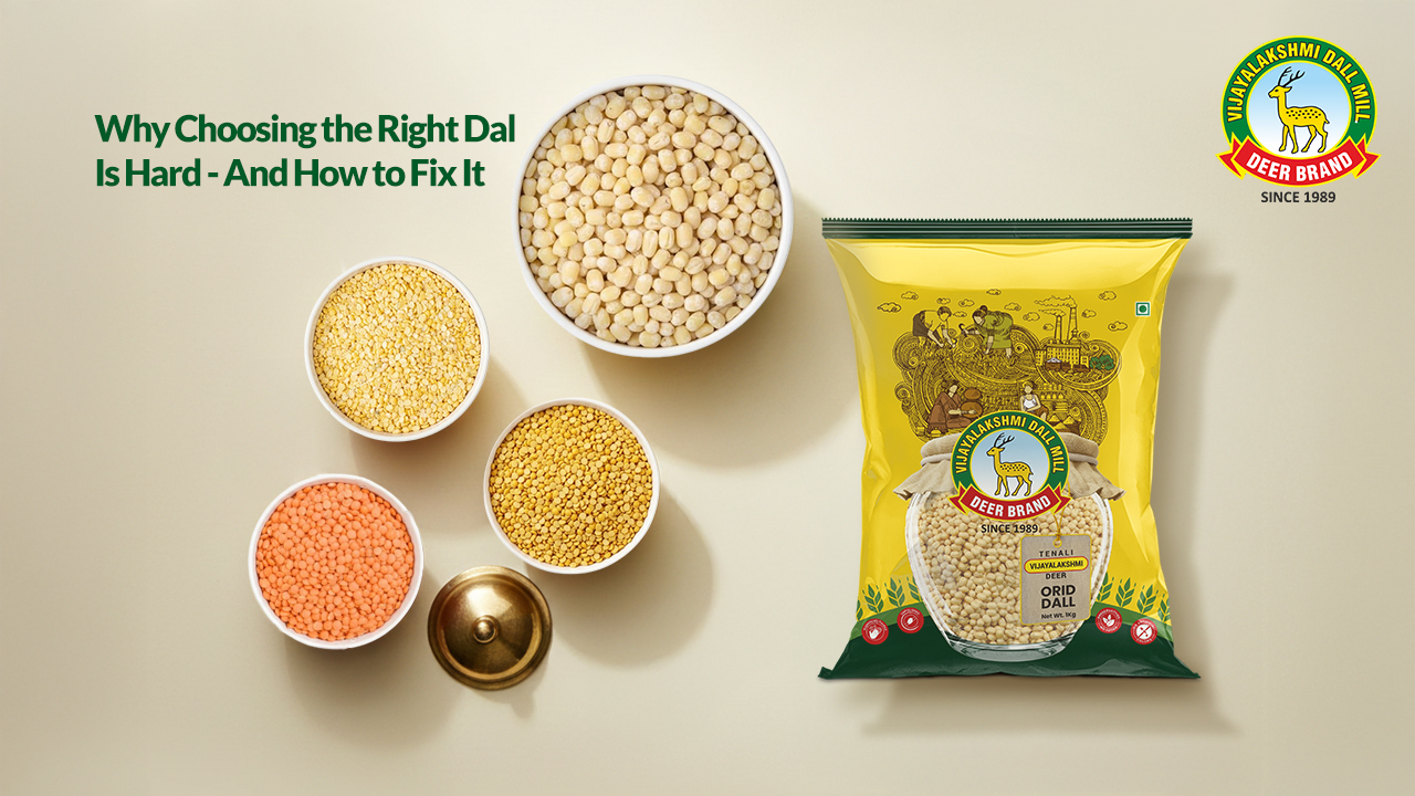 Flat-lay image showing bowls of different dals (urad dal, chana dal, moong dal, masoor dal) arranged on a light beige background alongside a Vijayalakshmi Deer Brand Urad Dal pack, with the headline “Why Choosing the Right Dal Is Hard – And How to Fix It” displayed on the left.