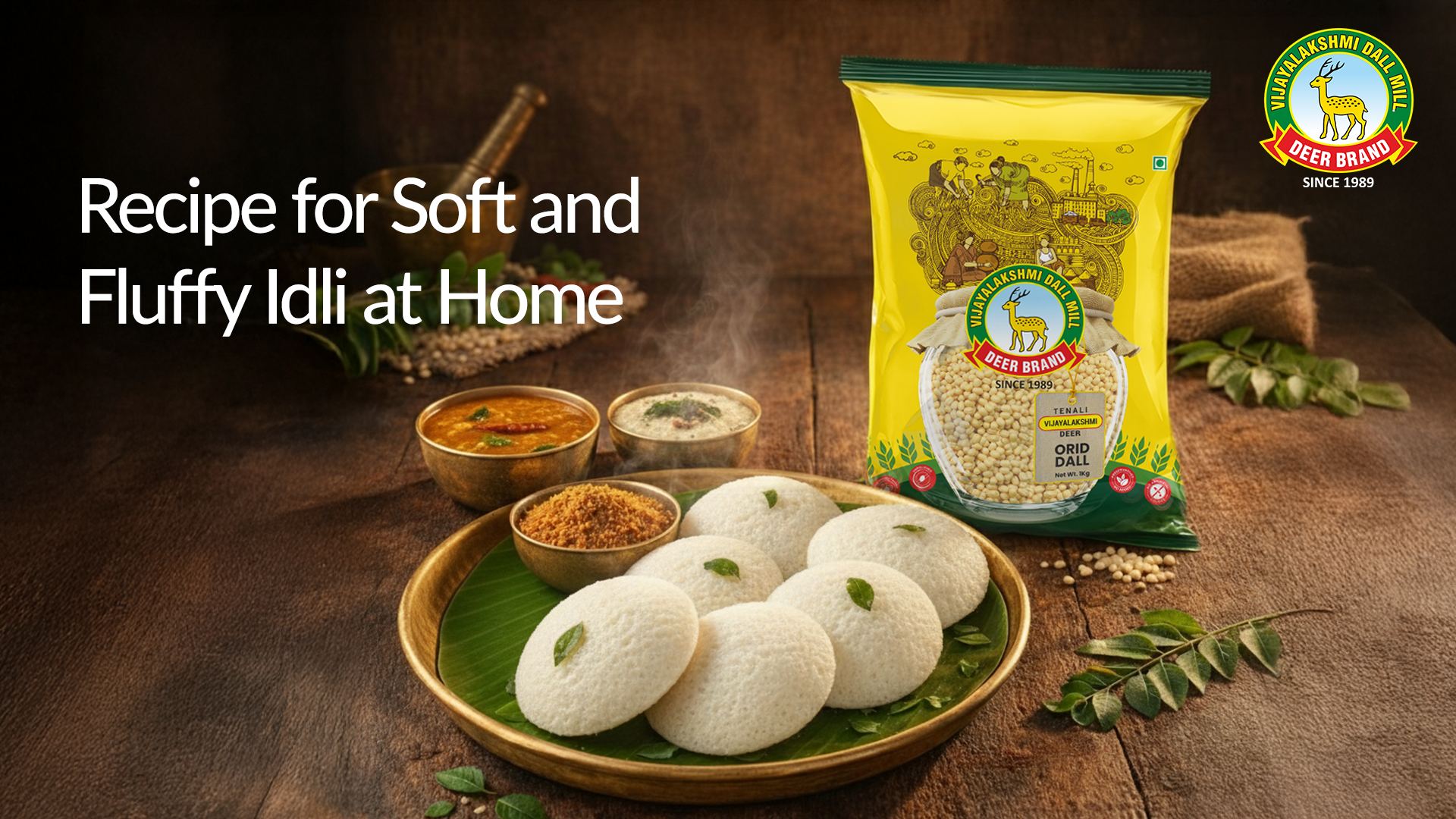 Soft fluffy homemade South Indian idlis with sambar and coconut chutney served on banana leaf plate next to Vijayalakshmi Deer Brand urad dal pack on rustic wooden table