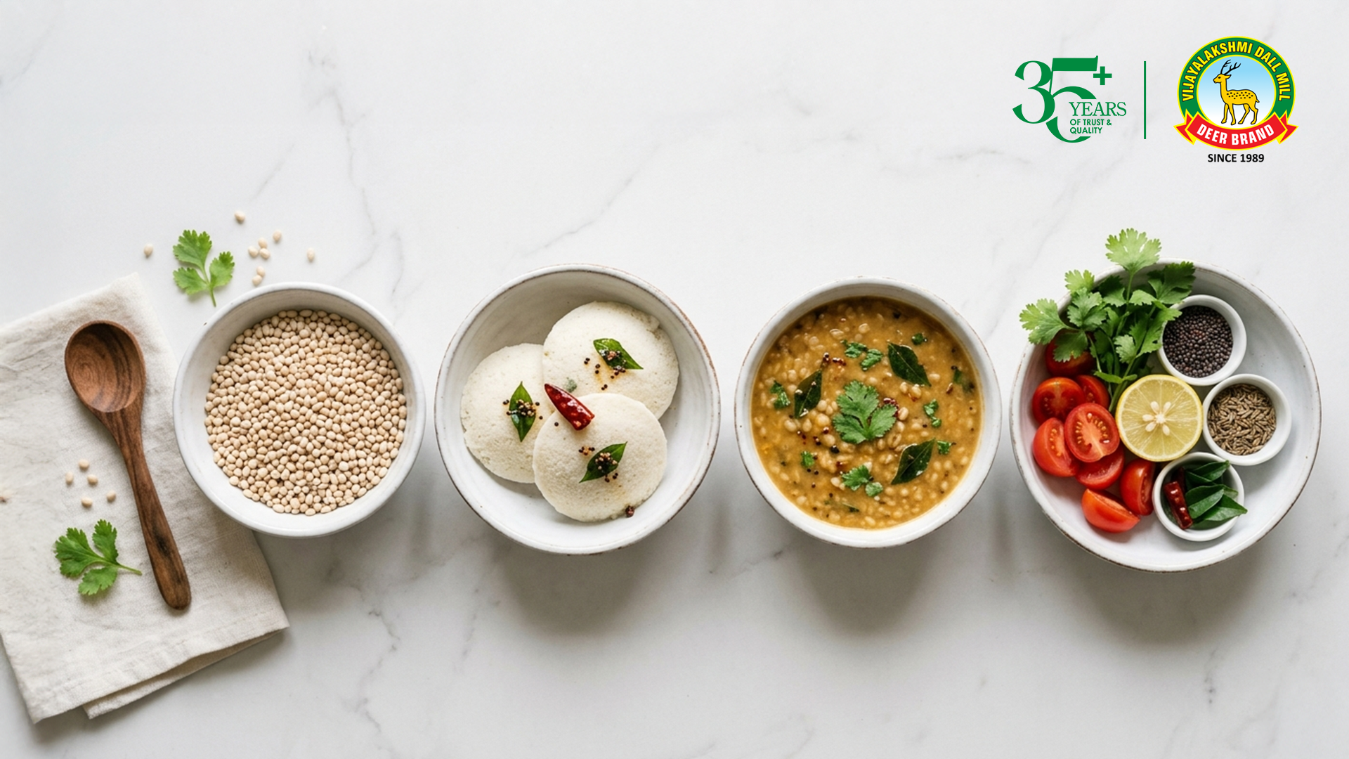 South Indian idli and sambar with urad dal ingredients – Vijaya Lakshmi Dall Mill Deer Brand premium quality dal