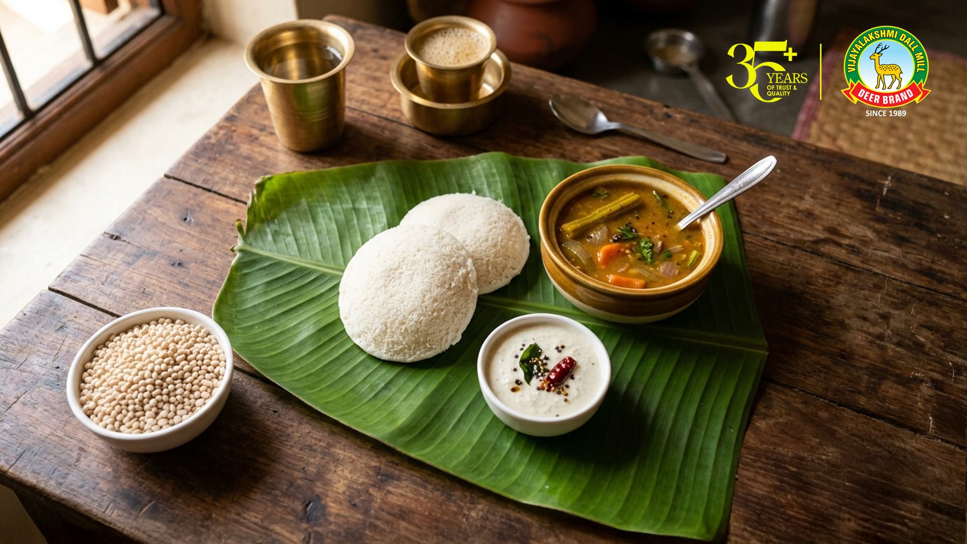 Traditional South Indian breakfast served on a fresh banana leaf, featuring two soft idlis with a bowl of sambar and coconut chutney, placed on a rustic wooden table. A small bowl of urad dal is kept beside the leaf, with brass tumblers and a spoon in the background. Warm natural lighting creates a homely, authentic dining atmosphere.