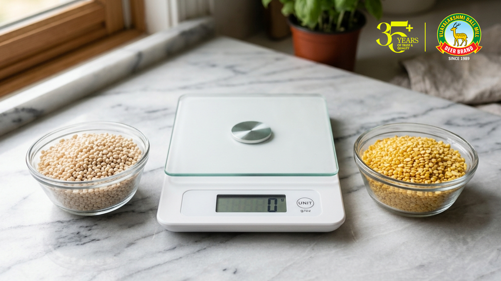 Close-up of two bowls with different types of dal (urad dal and yellow dal) placed on a marble countertop next to a digital kitchen scale. The scale is powered off and displays a '0' reading. A potted plant can be seen in the background, adding a fresh touch to the scene. The image also features the 'Vijayalakshmi Dal & Pulses' logo with the text '35+ Years of Trust & Quality' and 'Since 1989'.