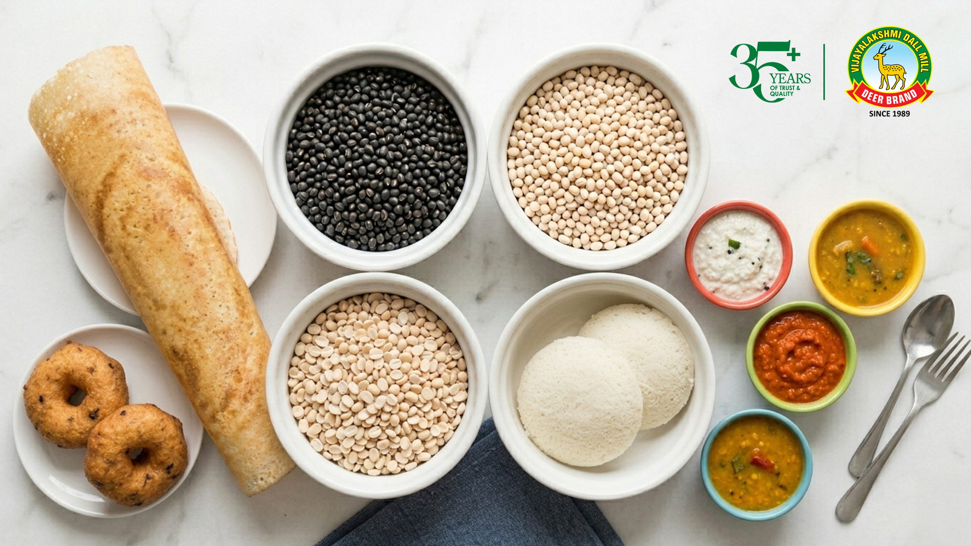 op-angle view of a South Indian breakfast spread arranged on a clean white marble surface. A crispy dosa, two medu vadas, and soft idlis are placed alongside small bowls of chutneys and sambar. Surrounding them are bowls of ingredients, including whole black urad dal and split urad dal, highlighting the key ingredient used in preparation. Minimal, bright composition with Vijayalakshmi Deer Brand logo and “35+ Years of Trust & Quality” mark in the top corner.