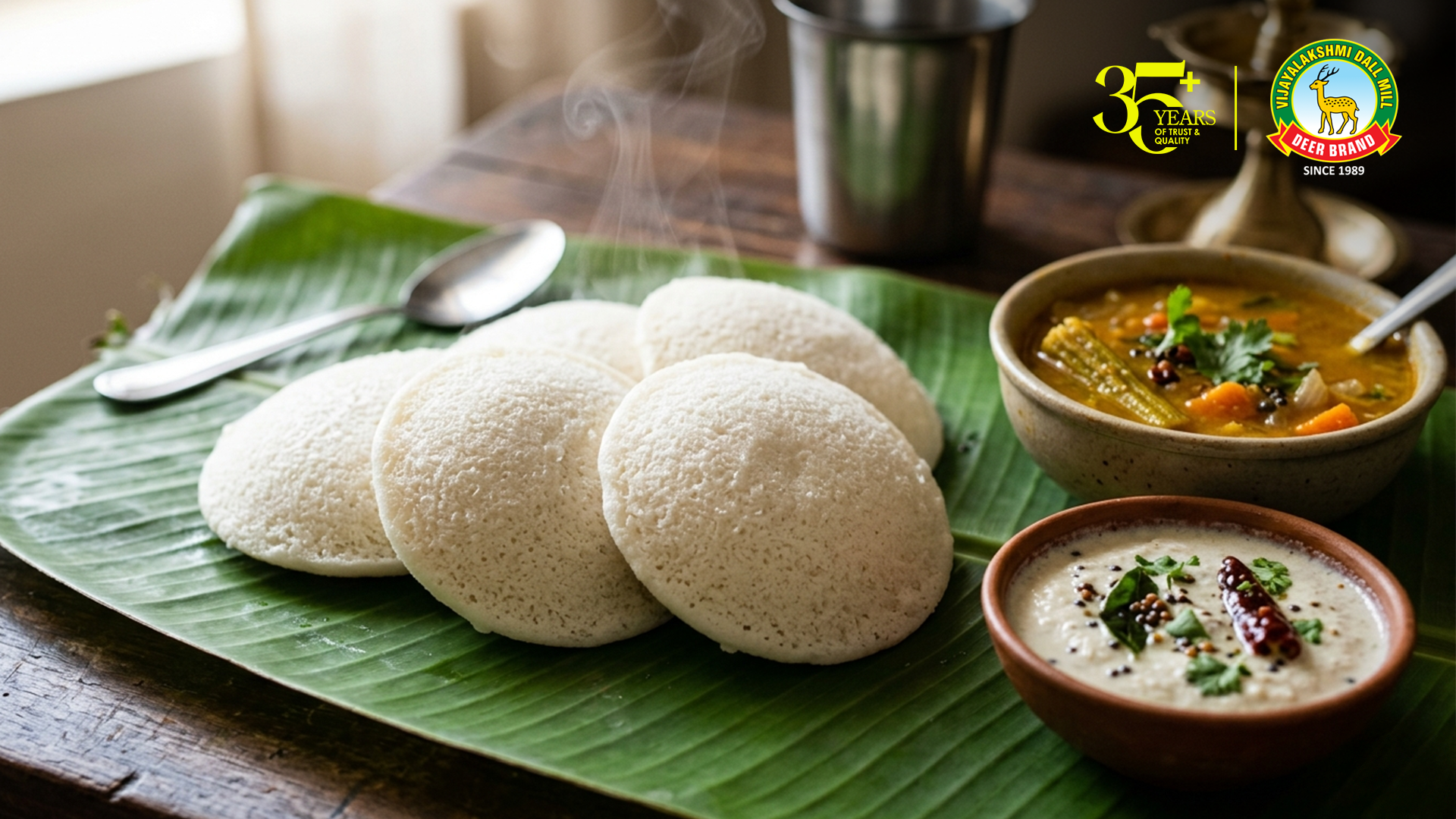 Steaming soft idlis served on a banana leaf with sambar and coconut chutney, set on a rustic wooden table, with Vijayalakshmi Deer Brand logo in the corner.