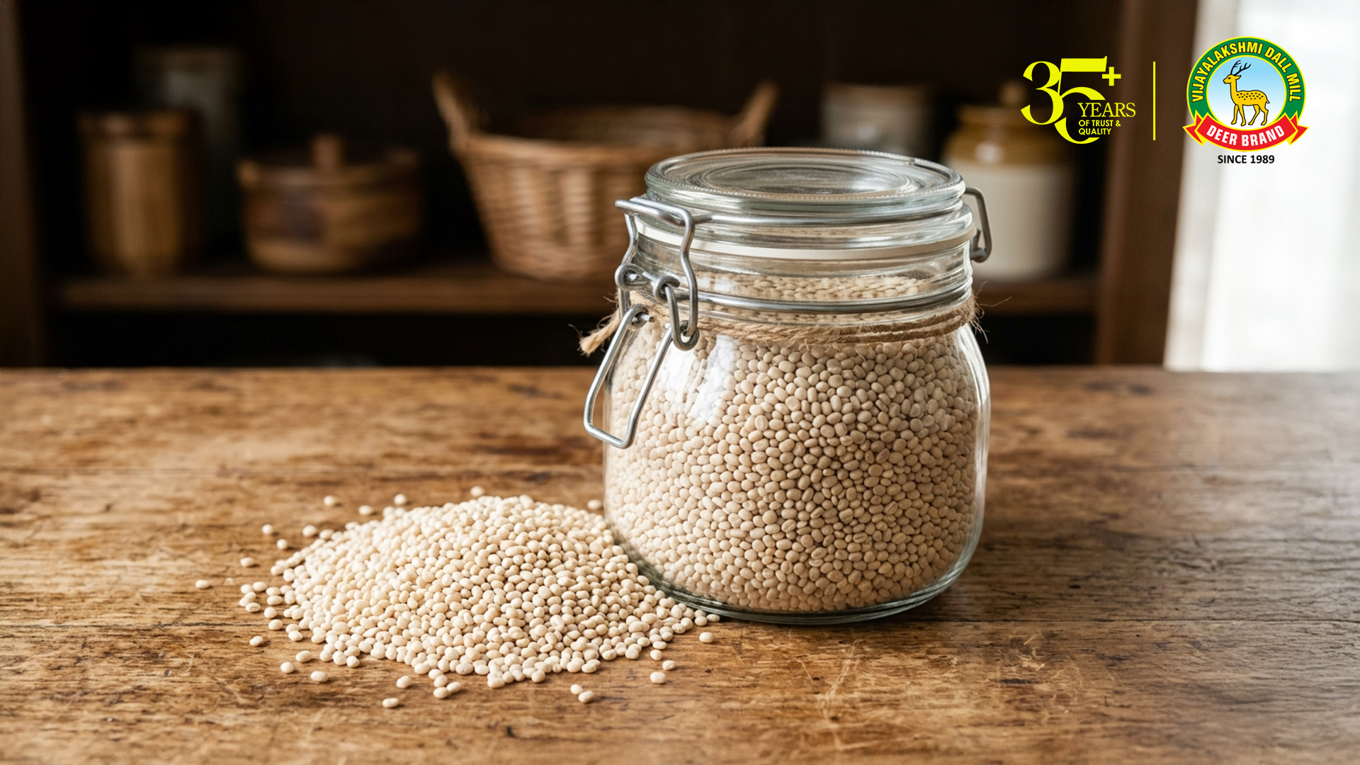 Glass jar filled with urad dal (white lentils) placed on a rustic wooden table, with some lentils spilled beside it. Background shows a warm, softly blurred kitchen setting. Top right features “35+ Years of Trust & Quality” and the Vijayalakshmi Deer Brand logo.