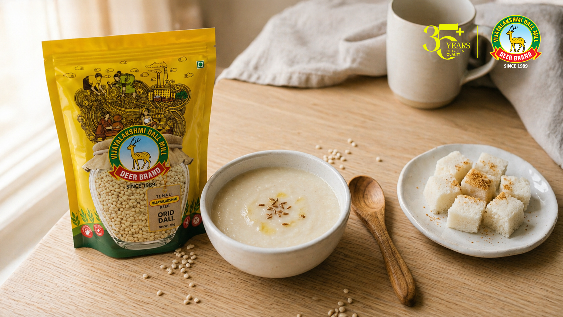 A warm, inviting scene showcasing Vijayalakshmi Deer Brand Urid Dal packet alongside a bowl of creamy dal with a drizzle of oil and a sprinkle of cumin seeds. The bowl is placed on a wooden table, with a side plate of soft, cubed idli garnished with a dusting of powdered spice. A simple beige mug sits in the background, and scattered dal grains add texture to the scene. The image exudes a cozy, homely atmosphere, emphasizing the quality of the product.