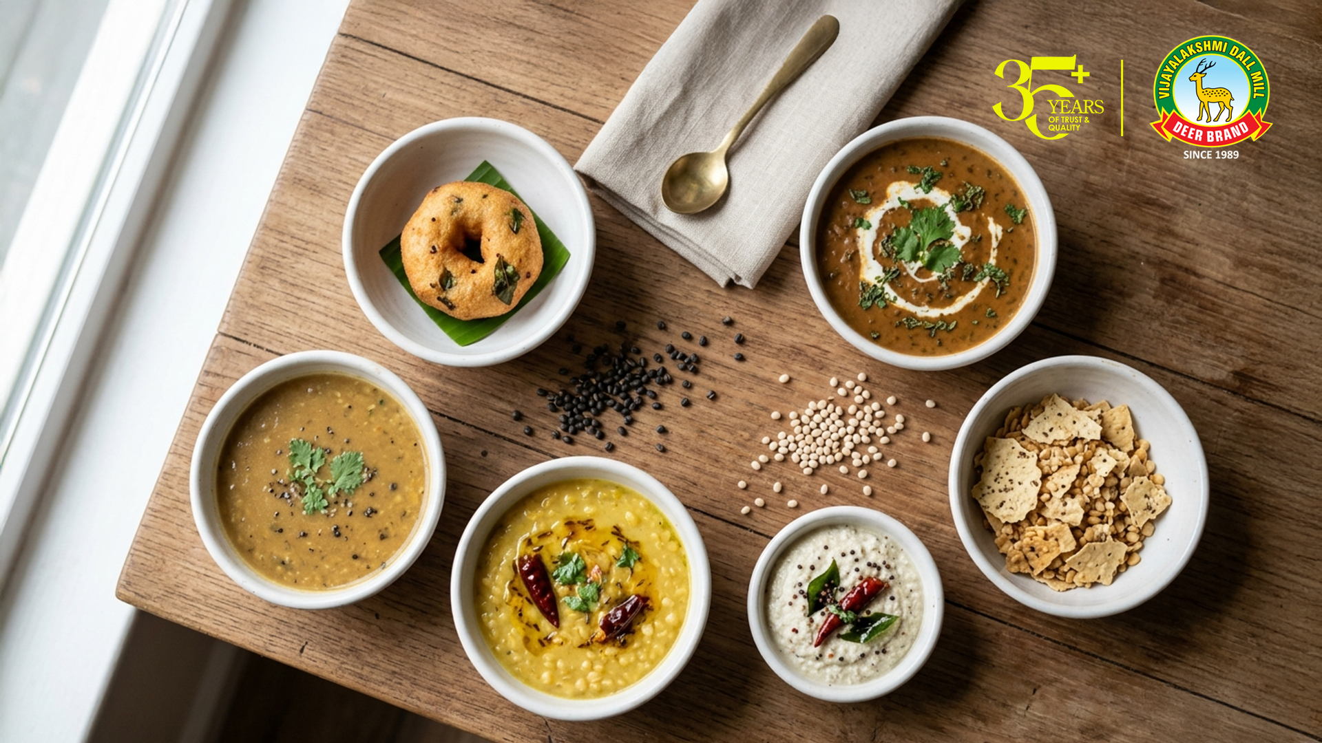 Six small bowls showing different urad dal preparations including medu vada, dal makhani, papad, chutney, dal tadka and soup on a wooden surface — Deer Brand